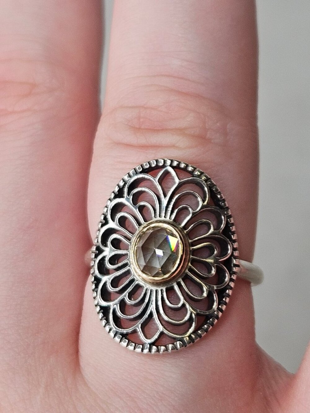 925 Sterling Silver Pandora Allure Green Spinel Filigree Cocktail Ring Size 8.25